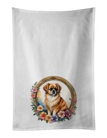 Tibetan Spaniel and Flowers Kitchen Towel Set of 2 White Dish Towels Decorative Bathroom Hand towel for Hand, Face, Hair, Yoga, Tea, Dishcloth