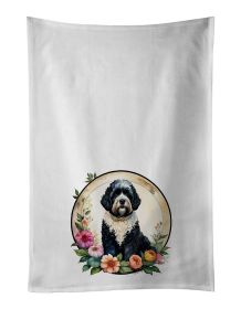 Portuguese Water Dog and Flowers Kitchen Towel Set of 2 White Dish Towels Decorative Bathroom Hand towel for Hand, Face, Hair, Yoga, Tea, Dishclo