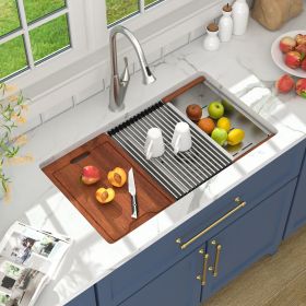 33 in. Quartz Stone Composite Black/White Double Bowl Under Mount Workstation Kitchen Sink with Sink Accessories (Color: White)