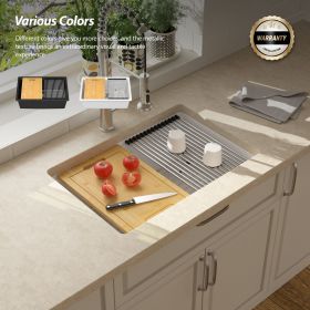 28*19 inch Quartz Stone Workstation Kitchen Sink Under-mount Single Bowl Granite Composite Sink with Roll-up Drying Rack, Cutting Board (Color: White)